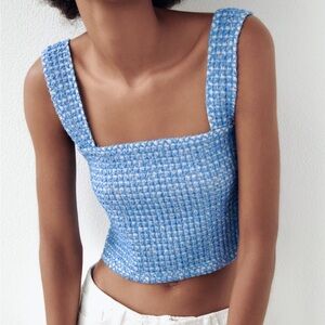 Zara Blue and White Textured Knit Crop Top